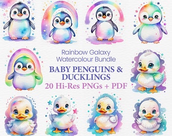 Rainbow Galaxy Watercolour Animals Clipart Bundle: Baby Penguins, Ducklings, Watercolor Digital Art, Transparent PNG, PDF Instant Download