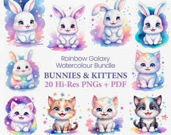 Rainbow Galaxy Watercolour Animals Clipart Bundle: Cute Bunnies and Kittens, Watercolor Digital Art, Transparent PNG, PDF Instant Download