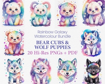 Rainbow Galaxy Watercolour Animals Clipart Bundle: Cute Baby Bears, Wolf Pup, Watercolor Digital Art, Transparent PNG, PDF Instant Download