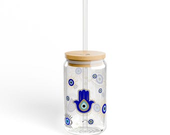 Evil Eye Glass, Evil Eye Sipper Glass, Evil Eye Beer Can Glass, Evil Eye Gifts, Evil Eye Iced Coffee Glass, Iced Coffee Glass, Energy