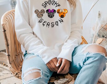 Minnie Mouse Halloween Crewneck Sweatshirt, Spider Web Detail, Cheetah Print, Halloween Emoji Design, Unisex Pullover, Gift for Disney Fan,
