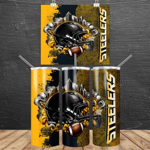 May include: Three stainless steel tumblers with a black and yellow design featuring a football helmet and the word "Steelers".