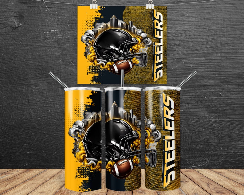 May include: Three stainless steel tumblers with a black and yellow design featuring a football helmet and the word "Steelers".
