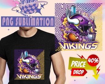 May include: A black t-shirt with a purple and gold graphic of a football helmet with horns and the word "VIKINGS" on it. The graphic is set against a background of a city skyline and geometric patterns.