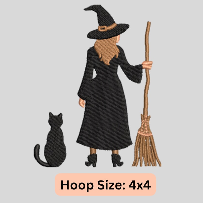 May include: Embroidered design of a witch with a black hat and dress, holding a brown broom. A black cat sits to the left of the witch. The design is for a 4x4 hoop.