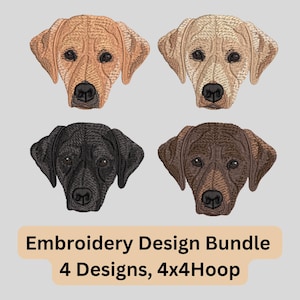 May include: An embroidery design bundle featuring four dog head designs in various colors: tan, light tan, black, and brown. The text "Embroidery Design Bundle" and "4 Designs, 4x4 Hoop" is displayed below the designs.