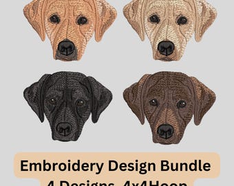 May include: An embroidery design bundle featuring four dog head designs in various colors: tan, light tan, black, and brown. The text "Embroidery Design Bundle" and "4 Designs, 4x4 Hoop" is displayed below the designs.