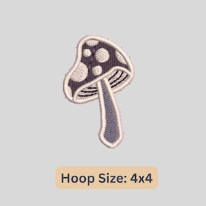 May include: A purple and white mushroom embroidery design with white polka dots. The design is suitable for a 4x4 inch embroidery hoop.