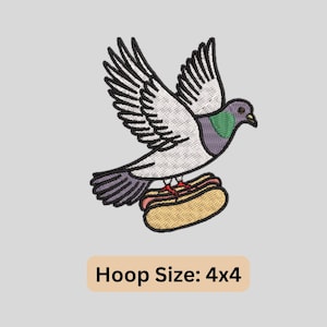 May include: Embroidered patch featuring a pigeon in flight, carrying a hot dog. The bird has white, gray, purple, and green details. The hot dog is in a bun with red accents. The text "Hoop Size: 4x4" is at the bottom.