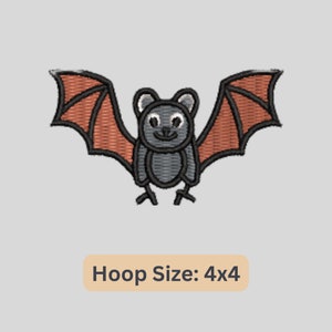 May include: A black and gray cartoon bat with orange wings. The bat is smiling and has small, white eyes. The text "Hoop Size: 4x4" is below the bat.