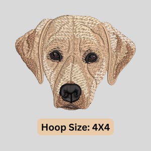 May include: Embroidered image of a Labrador Retriever dog's face, featuring detailed stitching in shades of tan and brown. The dog has dark eyes and a black nose. The text "Hoop Size: 4X4" is displayed below the image.