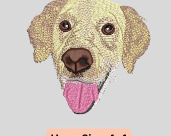 May include: Embroidered image of a golden retriever dog's face, featuring brown eyes, a brown nose, and a pink tongue. The text "Hoop Size: 4x4" is displayed below the image.