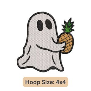 May include: Embroidered design of a friendly ghost holding a pineapple. The ghost is white with black eyes and a black outline. The pineapple is yellow-brown with green leaves. Text at the bottom reads "Hoop Size: 4x4".