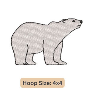 Może przedstawiać: Prosty rysunek liniowy przedstawiający niedźwiedzia polarnego stojącego na białym tle. Niedźwiedź jest zwrócony w prawo i ma jasnoszary kolor. Obraz ma 4 cale na 4 cale.