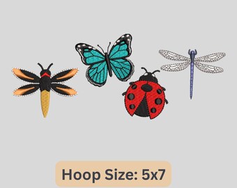 May include: Embroidered designs of a blue butterfly, a red ladybug, a black and orange dragonfly, and a blue dragonfly. The designs are suitable for a 5x7 hoop.
