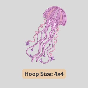 May include: A pink and purple embroidered jellyfish with a swirling design and stars. Hoop Size: 4x4.
