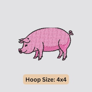 May include: Pink pig embroidery design for a 4x4 hoop. The pig is facing left and has a smiling expression.
