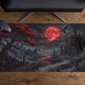 Blood Moon Desk Pad, Vampire Castle Mat, Dark Fantasy Mousepad, Grimdark Gaming Setup Decor, Gothic Aesthetic Gift for PC Gamer