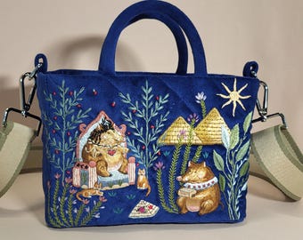 Bolso de terciopelo azul: Monedero textil bordado a mano