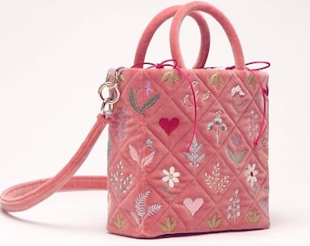 Pink Velvet Handmade Bag – Embroidered Textile Handbag with Flowers, Romantic Velvet Purse