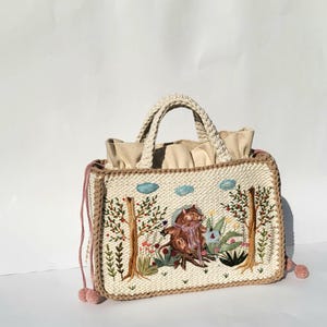 Knitted cream women&#39;s bag with hand embroidery - unique textile handbag, embroidered shoulder bag, 100% handmade