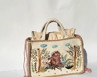 Hand-Embroidered Knitted Bag: Cream Cotton Blend Textile Handbag