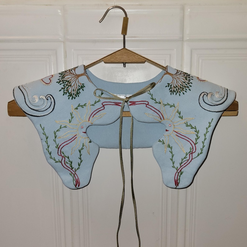 Women’s Blue Cotton Collar – Handmade Embroidery, Detachable Designer Accessory, Unique Embroidered Gift image 1