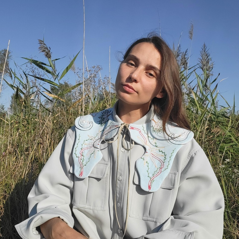 May include: A light blue, decorative collar with a unique, flowing design. The collar features hand-painted details in red, green, and white, with a cream-colored tie closure. The collar is worn over a light gray button-up shirt.