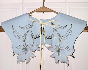 Detachable Collar “Lily”, Blue Hand-Embroidered Cotton Collar,Floral Embroidery , Unique Handmade Accessory
