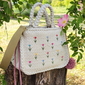 Flower Embroidery Knitted Bag, Exclusive Handmade Women&#39;s Bag, Original Gift Bag For Her