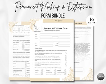 May include: A set of 16 printable forms for permanent makeup and esthetician businesses. The forms include a consent and waiver form, a medical information form, and a consultation form. The forms are designed with a gold floral pattern and are ready to be printed and used.