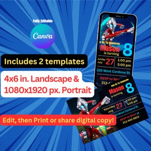 May include: Two printable birthday party invitations featuring a superhero character in a red and silver suit. The invitations are in landscape and portrait formats. The text on the invitations reads "Join us to celebrate Mason is turning 8" and includes the date, time, and location of the party.