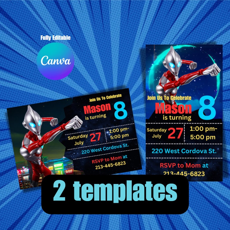 May include: Two printable birthday party invitation templates featuring a superhero character in a red and silver suit with a blue and green background. The text on the invitations says "Join Us To Celebrate Mason is turning 8" and includes the date, time, and location of the party.