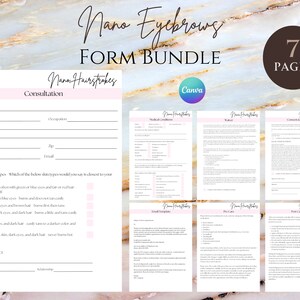 May include: A pink and white form bundle for eyebrow services. The bundle includes seven pages with titles such as "Consultation", "Medical Conditions", "Waiver", "Consent & Legal", "Email Template", "Pre-Care", and "Post-Care".