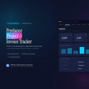 May include: A digital dashboard interface for freelance project and invoice tracking. The design features a dark blue background with a neon gradient. The dashboard displays key metrics, including revenue, notifications, and active projects. Text on the left reads "Freelance Project & Invoice Tracker."