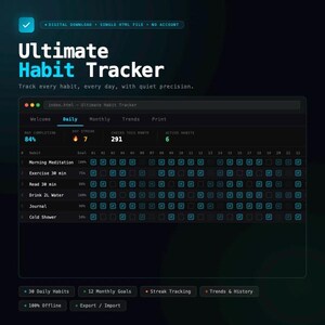 Può includere: Interfaccia digitale di monitoraggio delle abitudini con tema scuro. Il titolo "Ultimate Habit Tracker" è visualizzato in bianco e blu. L'interfaccia tiene traccia delle abitudini quotidiane con una visualizzazione del calendario, mostrando progressi e serie. Funzionalità: visualizzazioni giornaliere e mensili.