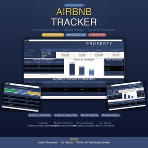 Può includere: Grafica blu scuro con il testo "AIRBNB TRACKER" e "Income & Expense - Google Sheets". L'immagine mostra un'interfaccia di foglio di calcolo con dati finanziari, grafici e diagrammi. Il testo aggiuntivo include "Up to 10 Properties", "Income & Expenses" e "Profit Tracking".