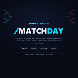 Op de afbeelding: Een donkere digitale interface voor de Tournament Generator software genaamd /MATCHDAY. Het bevat toernooischema-afbeeldingen, beschrijvende tekst over toernooibeheer en knoppen voor Single Elim, Round Robin, Championship en Double Elim.