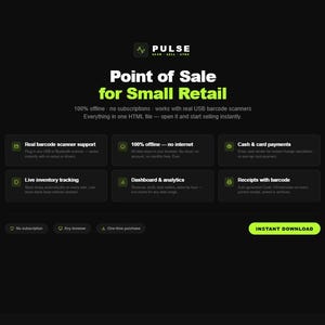May include: A black digital product page for Pulse Point of Sale for Small Retail. Features include real barcode scanner support, 100% offline functionality, cash and card payments, live inventory tracking, dashboard analytics, and receipts with barcodes.