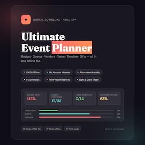 May include: A digital download HTML app titled "Ultimate Event Planner." The interface features key details like budget, guests, and tasks. It highlights features such as offline access, auto-saving, and print-ready reports. The app displays progress bars and readiness scores.