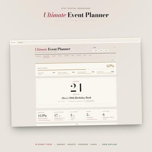 May include: A digital event planner interface titled Ultimate Event Planner, featuring a dashboard with an overall readiness percentage of 63%, a 24-day countdown for Alex's 30th Birthday Bash, and various tracking metrics for budget, guests, and tasks.