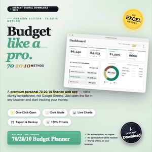 70/20/10 Budgetplanerare webbapp | Månatlig utgiftsspårare (digital nedladdning)