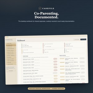 Pode incluir: Uma interface de painel digital intitulada Casefile com uma barra de navegação lateral, itens de ação e registros de atividades recentes. O layout inclui seções para despesas, registros de custódia e documentação em um formato organizado.