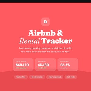 Può includere: Grafica rossa per "Airbnb & Rental Tracker". L'immagine mostra dati finanziari: entrate totali di 63.500 €, un utile netto di 4.740 € e un'occupazione del 63,2%. Funzionalità: lavoro offline e modalità oscura.