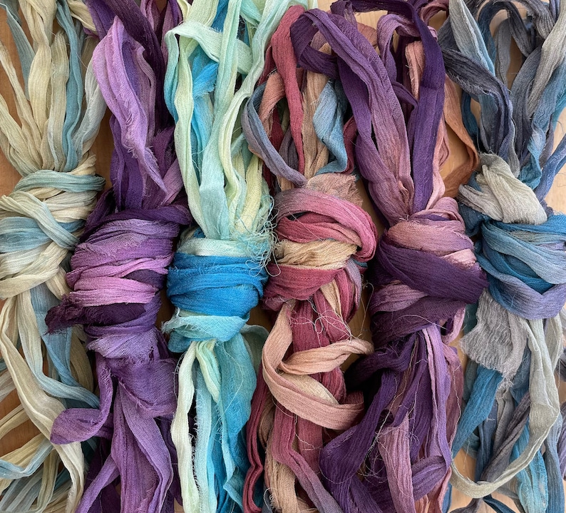 Naturally Dyed Variegated Rag Silk chiffon Ribbon image 1