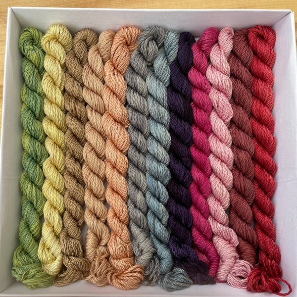 Selection of 12 Naturally Dyed Shiny Silk Stranded Threads in Presentation Box