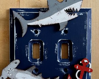 Hand Painted Shark Wood Switch Plate Cover: Nautical Kids Decor