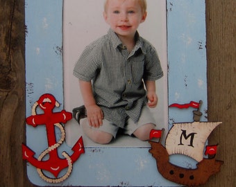 NAUTICAL PIRATE SHIP/Personalized Kids Wood Picture Frame - Original Hand Painted - Vertical/Horizontal