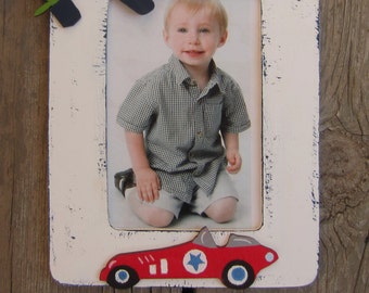 RACE CAR & AIRPLANE Kids Wood Picture Frame - Original Hand Painted Keepsake - Personalized Option