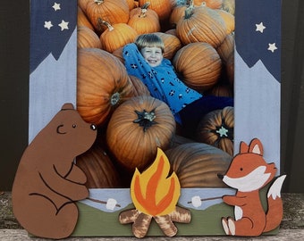 FOREST ANIMALS CAMPING Kids Picture Frame/Hand Painted Wood/Horizontal/Vertical/Woodland Animals/Campfire/Owl/Bear/Fox